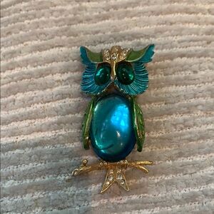 Arthur Pepper Art Jelly Belly Owl Brooch with Blue, Gold and Green Accents